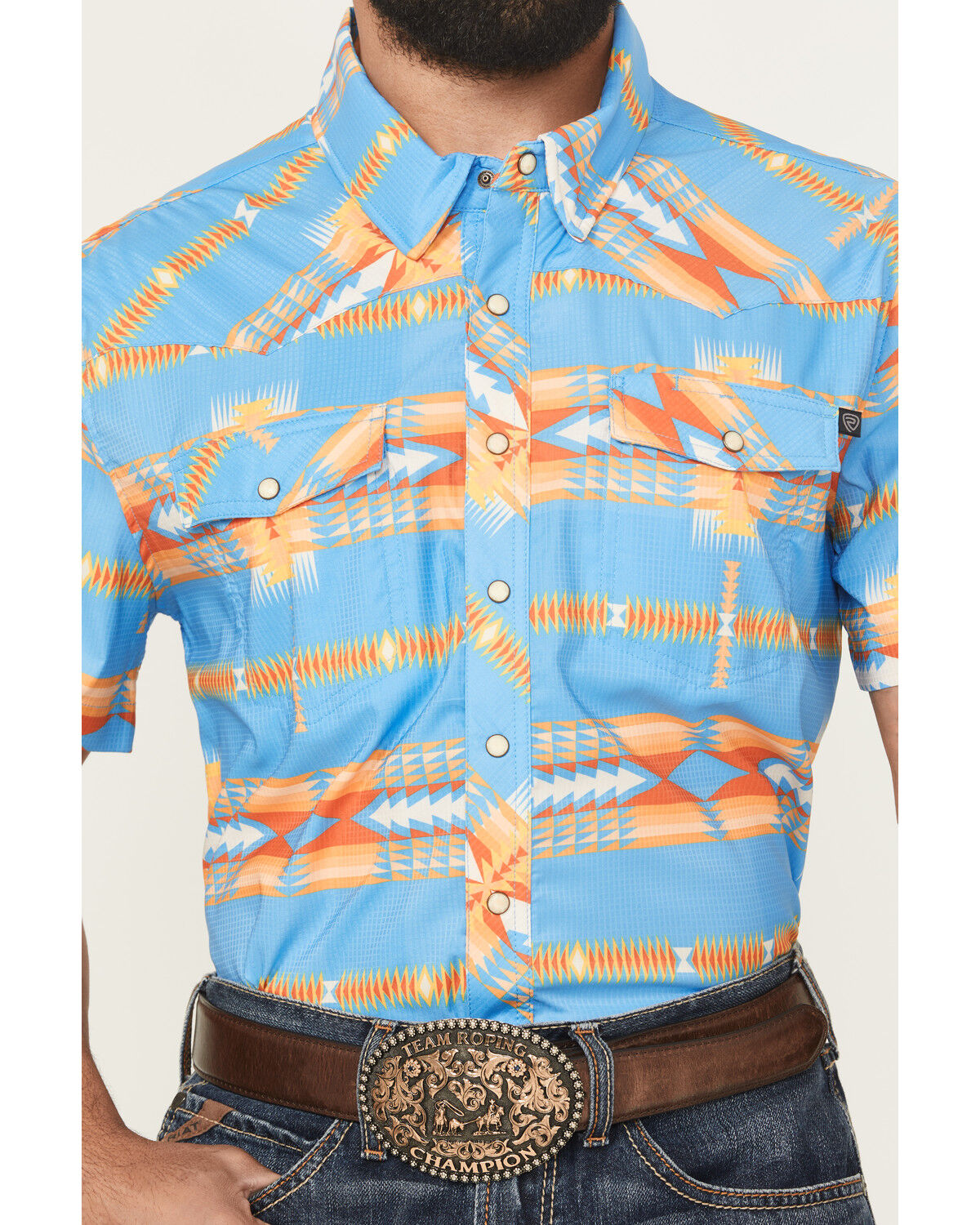 Image #3 - Rock & Roll Denim Men's Tek Southwestern Print Short Sleeve Snap Western Shirt, Blue, hi-res