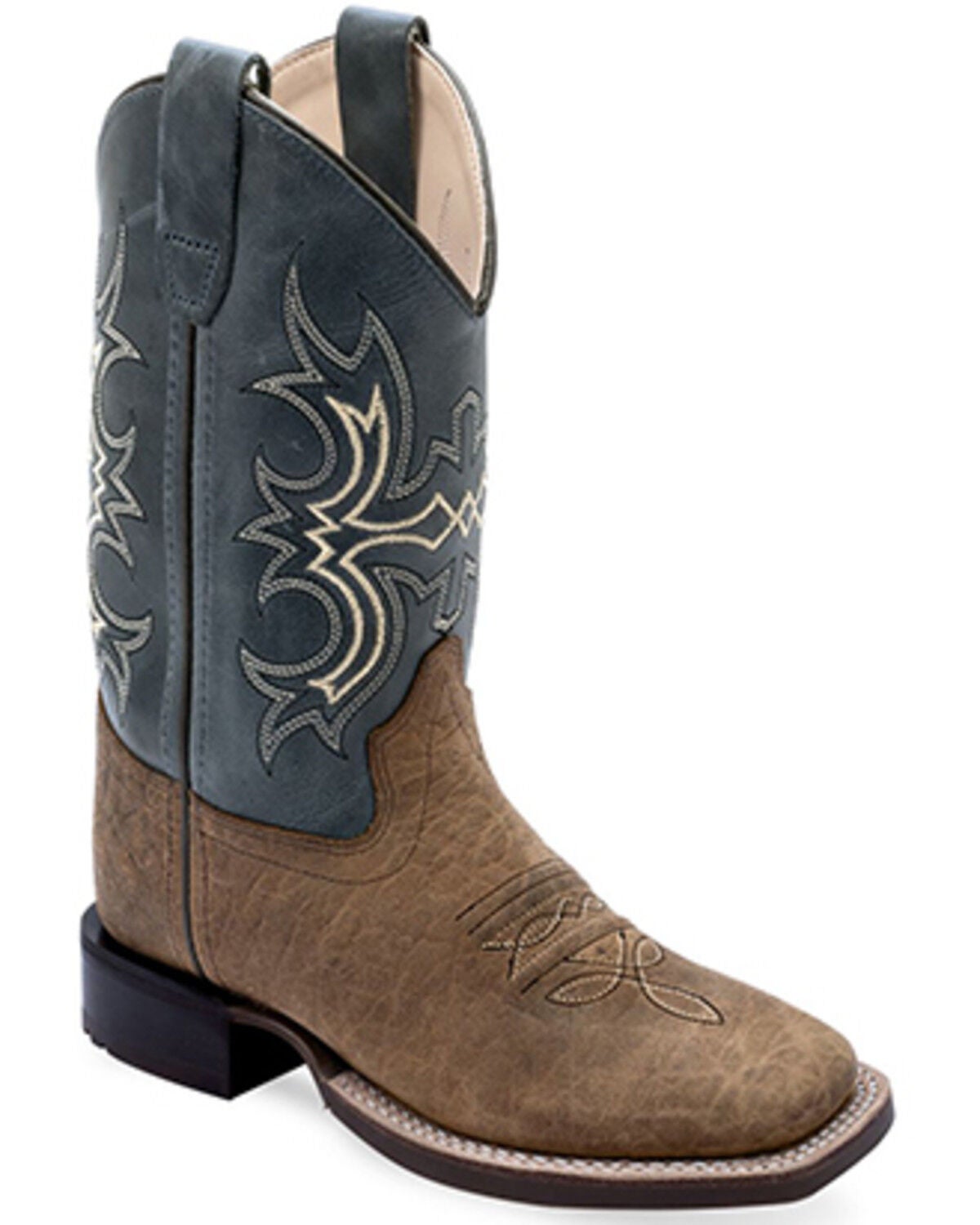 Old West Boys' Hand Corded Western Boots - Broad Square Toe, Brown, hi-res
