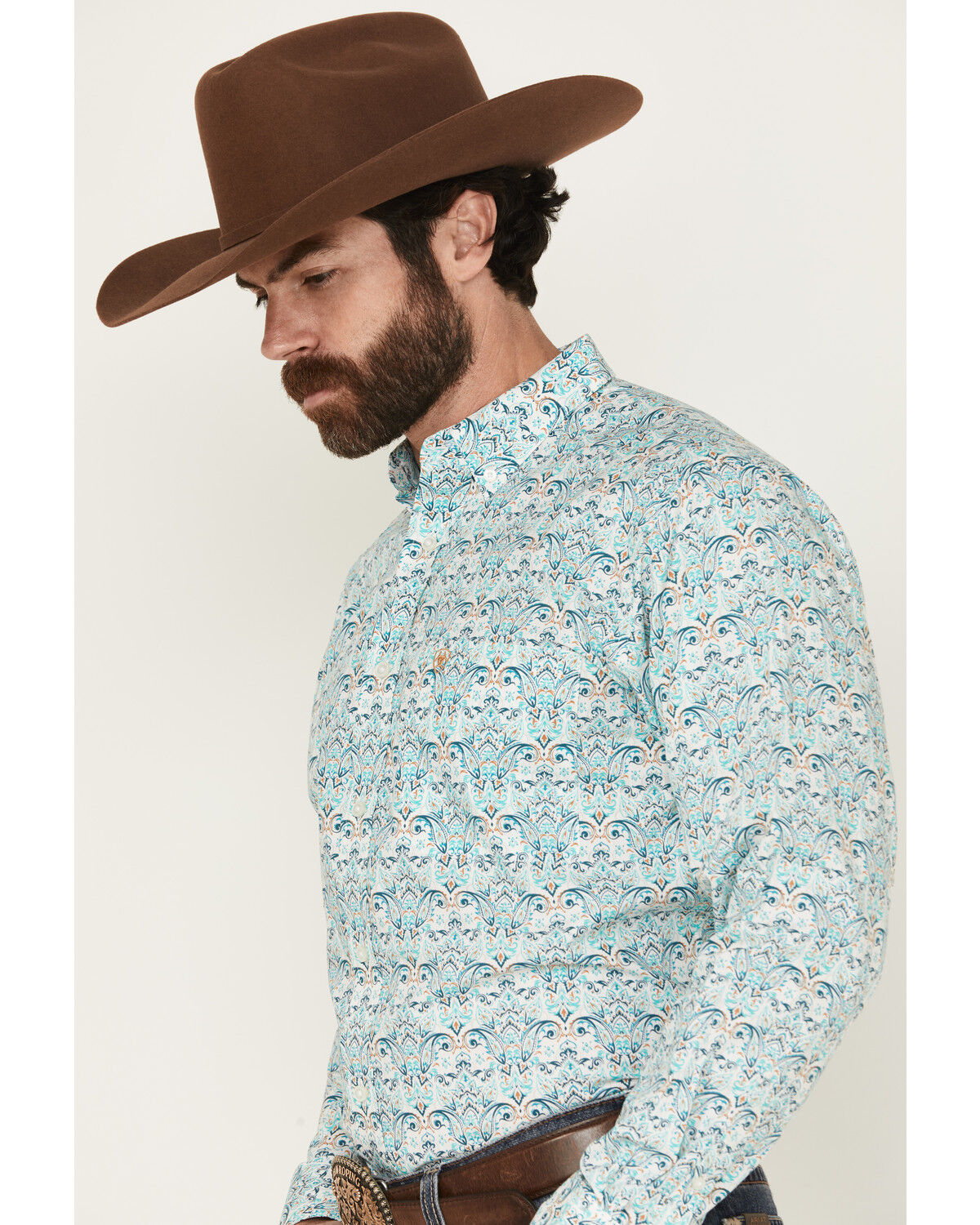 Image #2 - Ariat Men's Jerome Paisley Print Long Sleeve Button-Down Western Shirt, Teal, hi-res