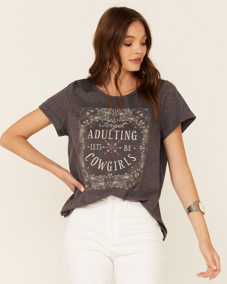 Cut & Paste Women's Forget Adulting Graphic Short Sleeve Tee , Charcoal, hi-res