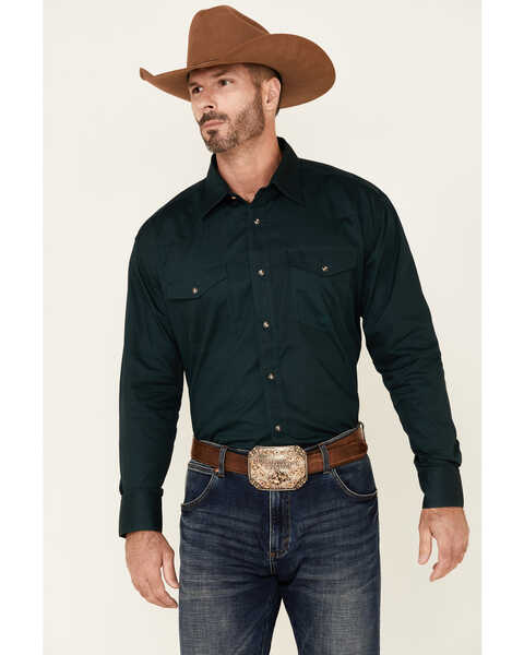 Image #1 - Roper Men's Amarillo Collection Solid Long Sleeve Western Shirt, Hunter Green, hi-res