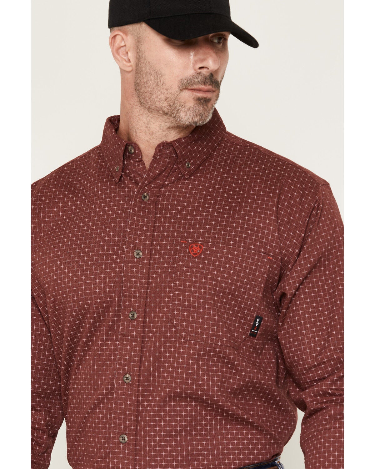 Image #2 - Ariat Men's FR Logan Geo Print Long Sleeve Button-Down Work Shirt, Burgundy, hi-res