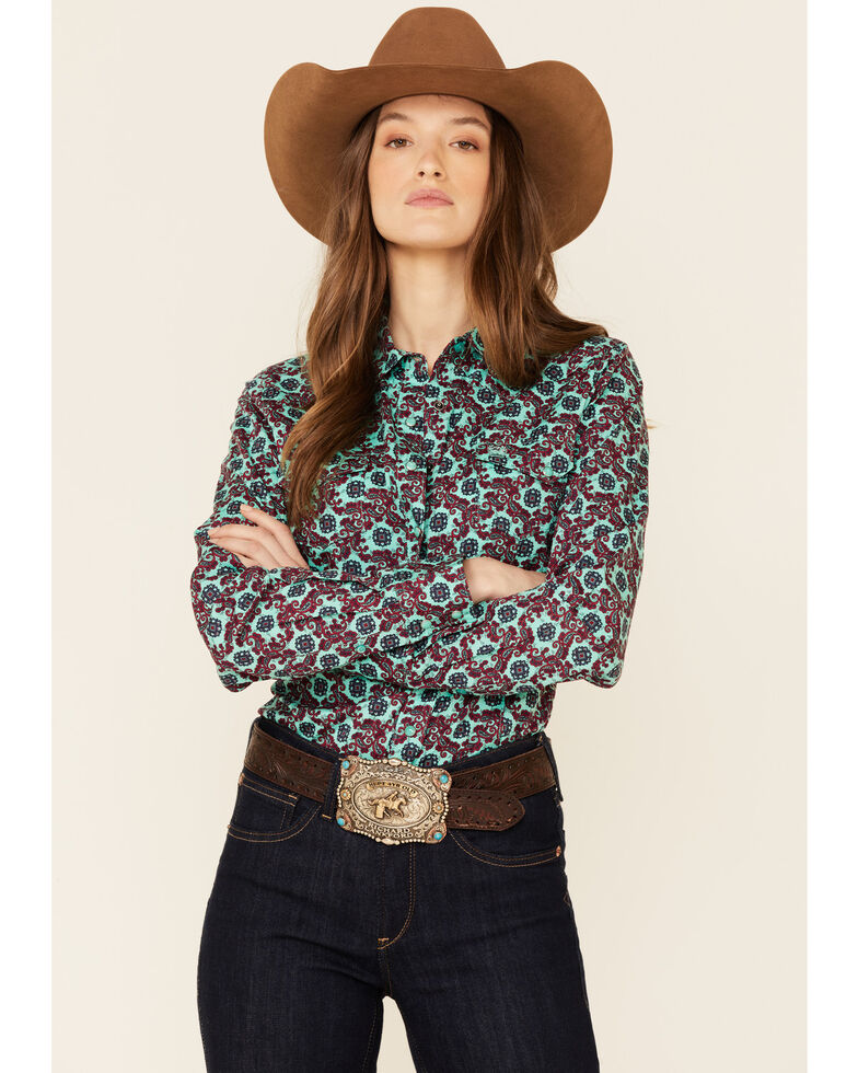 Cinch Women's Turquoise Geo Paisley Print Long Sleeve Snap Western Core Shirt  , Turquoise, hi-res
