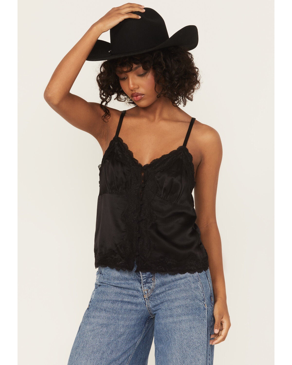Shyanne Women's Lace Trim Satin Cami, Black, hi-res