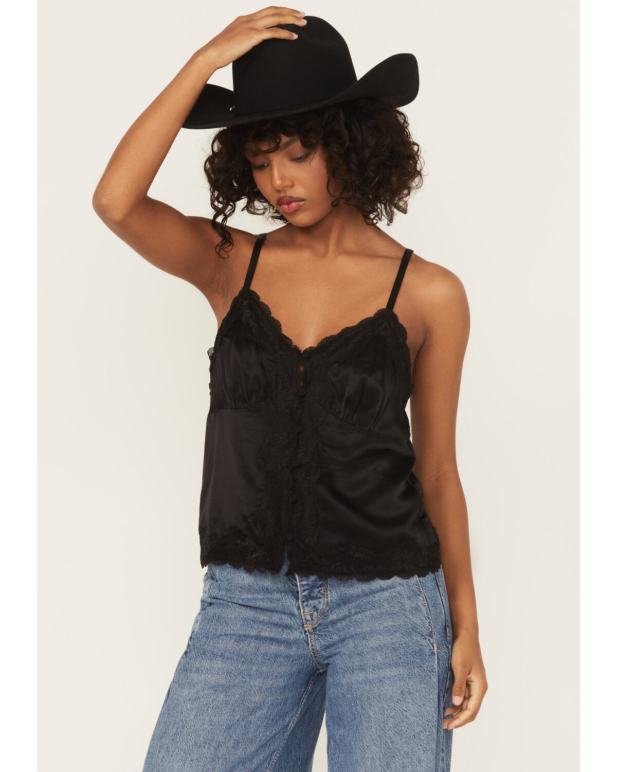 Image #1 - Shyanne Women's Lace Trim Satin Cami, Black, hi-res
