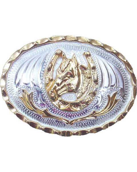 Image #1 - Western Express Men's Small Horsehead and Horseshoe Belt Buckle , Silver, hi-res