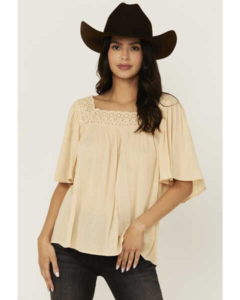 Band Of The Free Women's Solid Short Sleeve Ruffle Blouse , Sand, hi-res