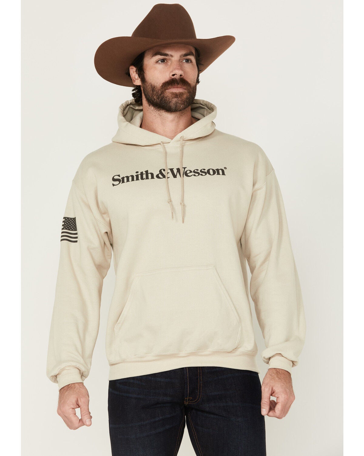 Smith & Wesson Men's Logo Flag Graphic Hooded Sweatshirt, Sand, hi-res
