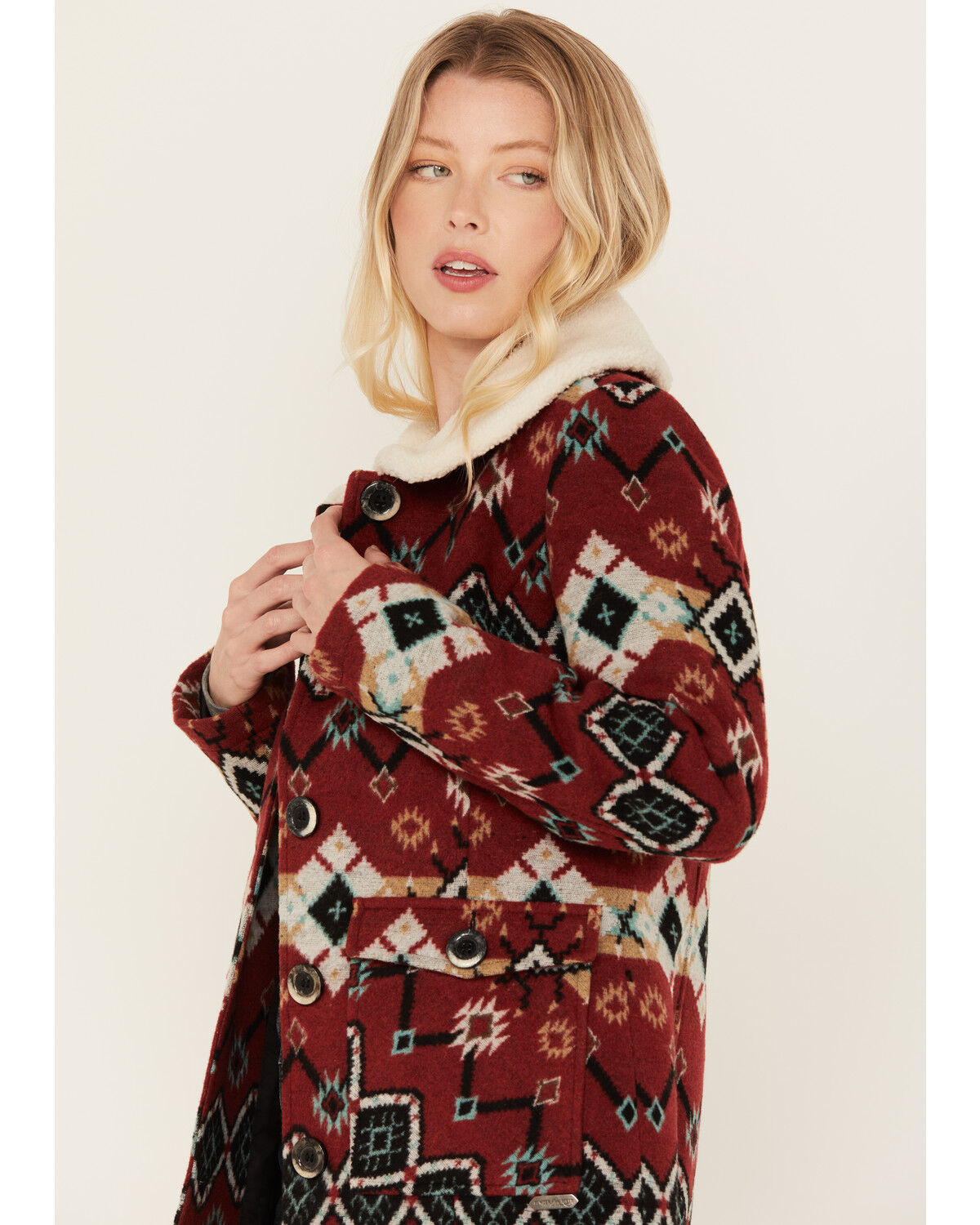 Image #2 - Powder River Outfitters Women's Southwestern Print Jacquard Wool Berber Coat, Red, hi-res