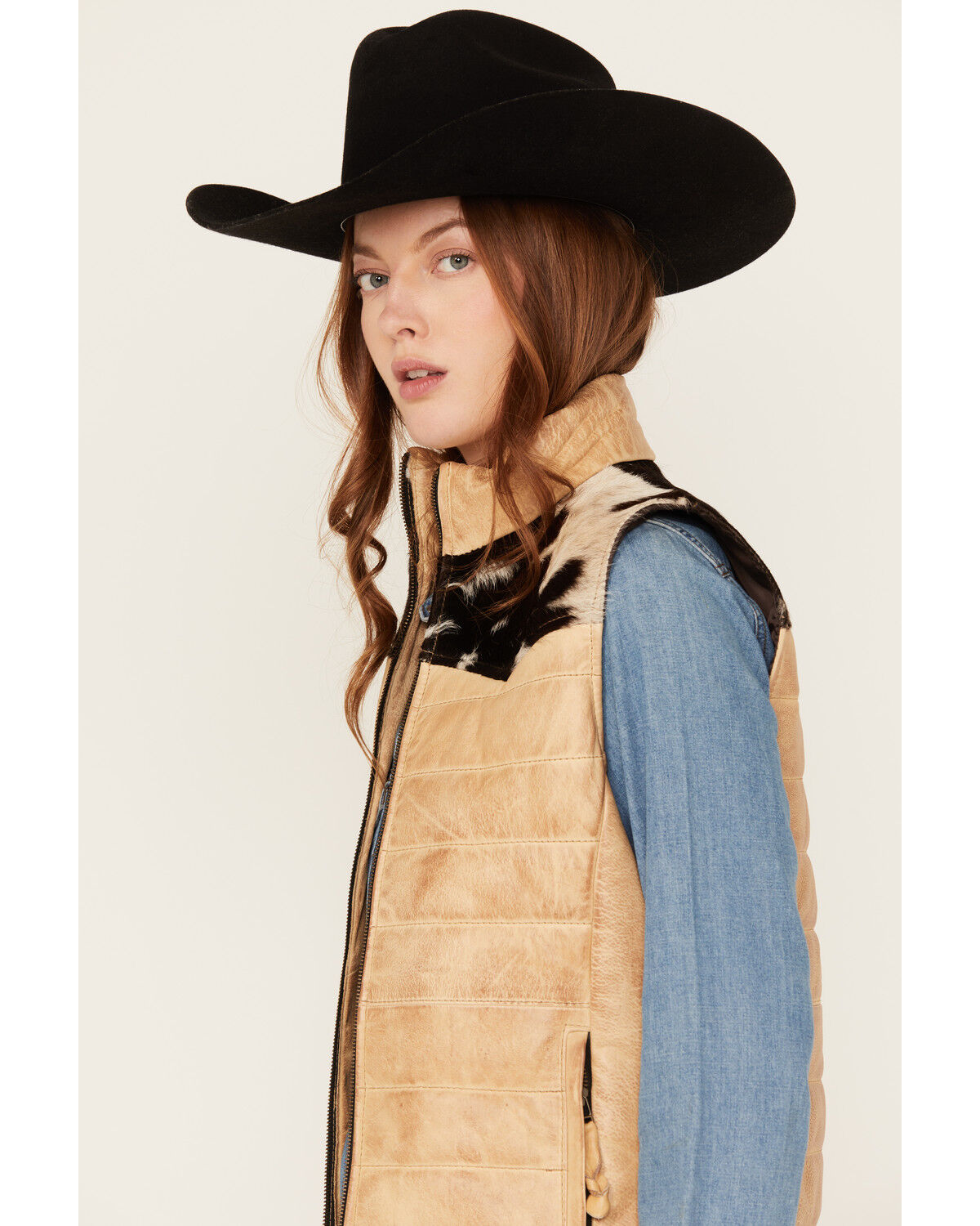Image #2 - STS Ranchwear by Carroll Women's Quilted Cowhide Leather Zip Up Vest, Cream, hi-res