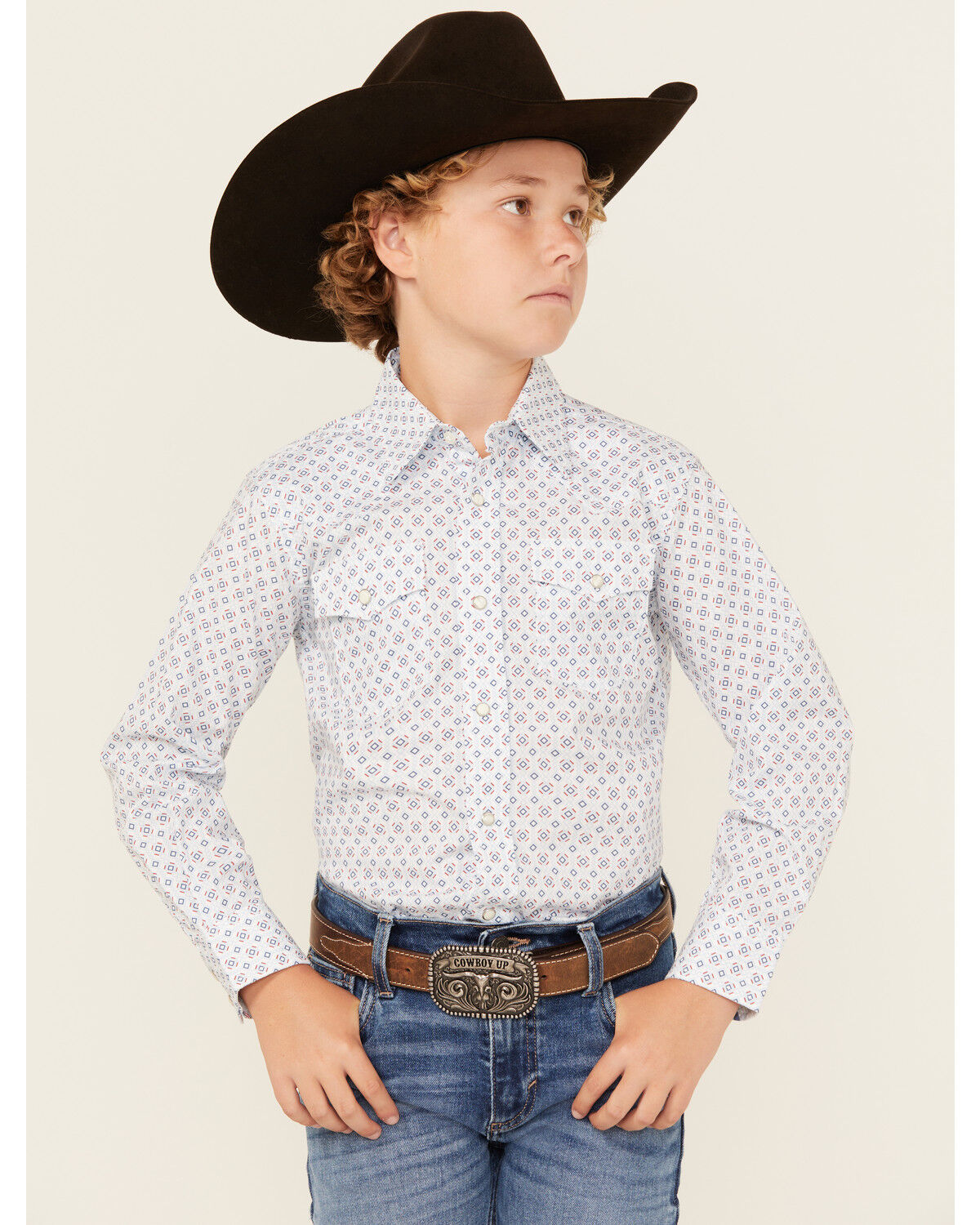 Image #1 - Wrangler Boys' 20x Geo Print Long Sleeve Snap Western Shirt, White, hi-res