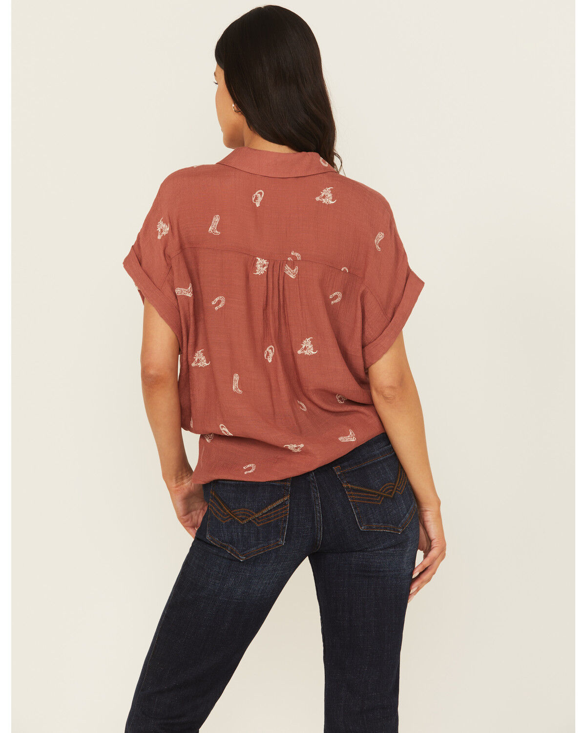 Image #4 - June & Hudson Women's Western Embroidered Short Sleeve Tie-Front Top, Red, hi-res