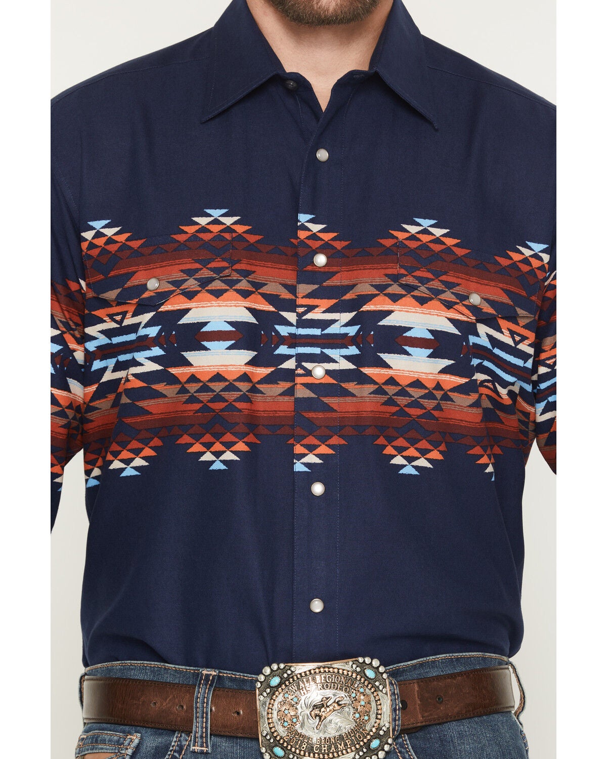 Image #3 - Panhandle Slim Men's Southwestern Border Print Long Sleeve Pearl Snap Western Shirt, Navy, hi-res