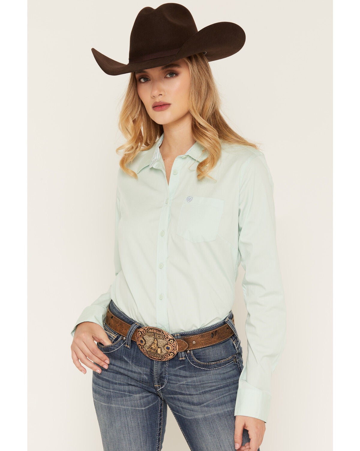Ariat Women's Team Kirby Solid Long Sleeve Button-Down Stretch Western Shirt, Green, hi-res