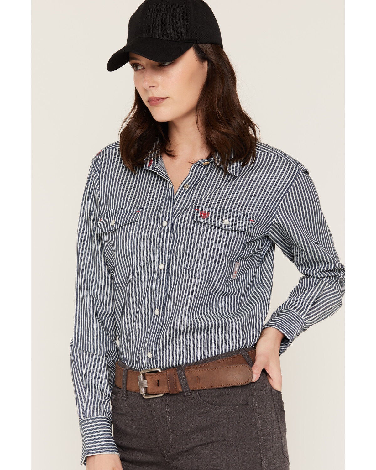 Image #2 - Ariat Women's FR Ruth Striped Long Sleeve Snap Work Shirt, Blue/white, hi-res
