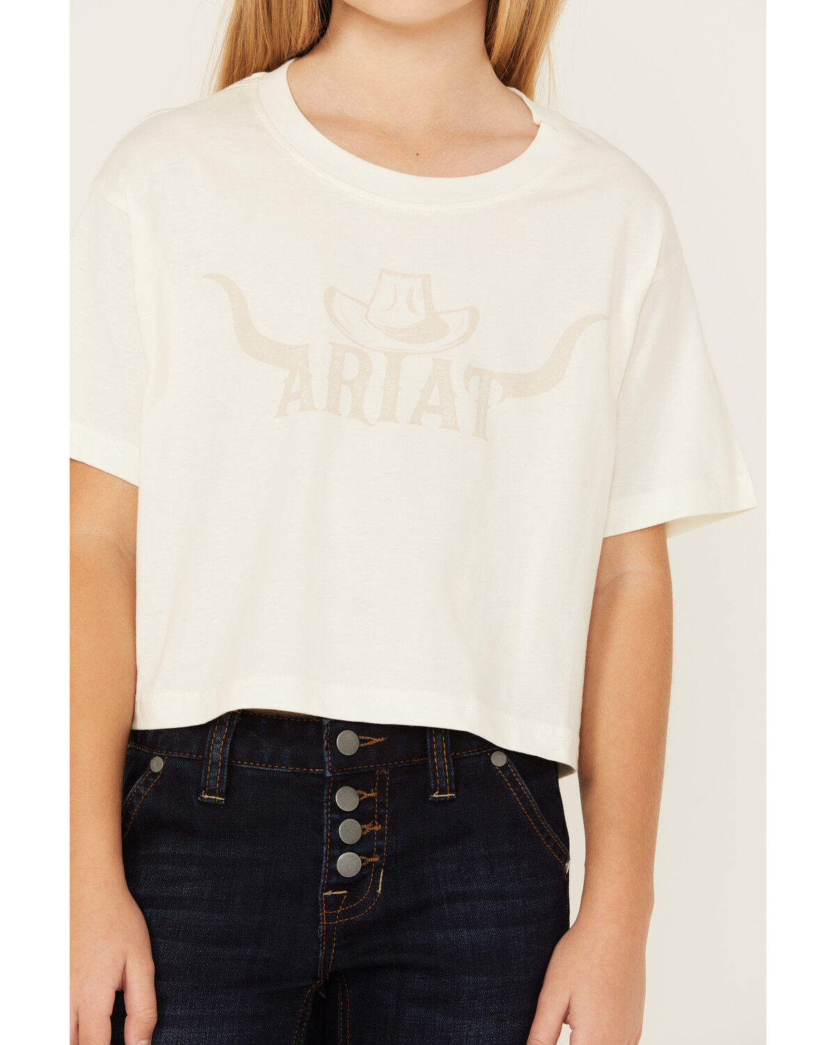 Image #3 - Ariat Girls' Logo Short Sleeve Graphic Cropped Tee, White, hi-res