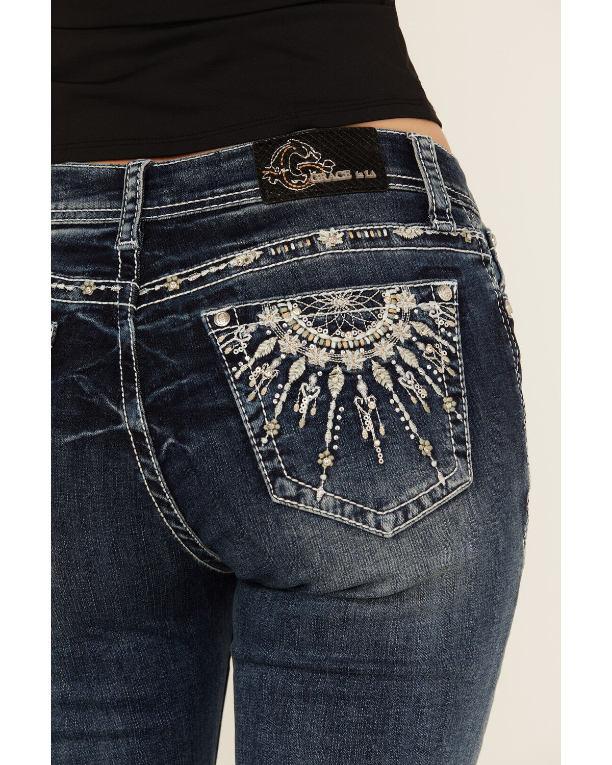 Image #2 - Grace In LA Women's Medium Wash Dream Catcher Embroidered Mid Rise Bootcut Stretch Denim Jeans, Medium Wash, hi-res