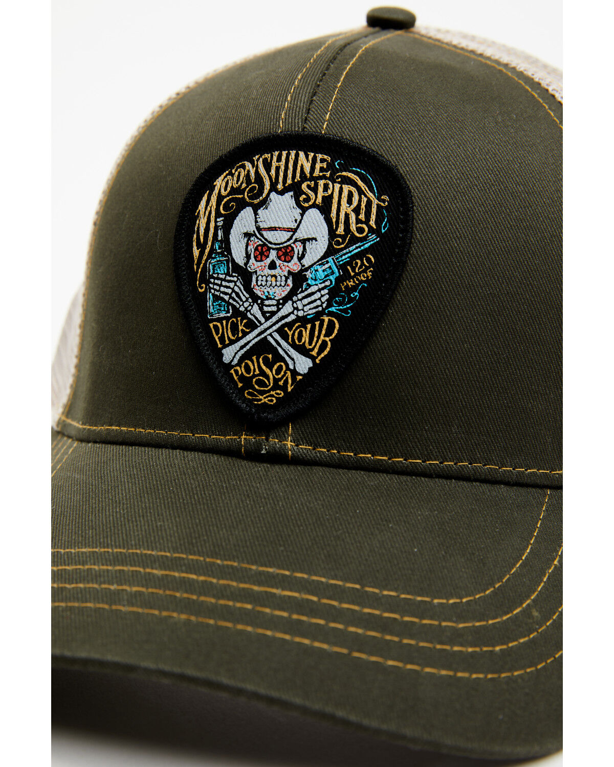 Image #2 - Moonshine Spirit Men's Skull Guitar Pick Logo Embroidered Patch Mesh Back Ball Cap, Olive, hi-res