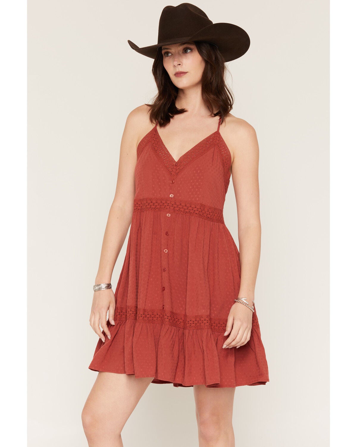 Image #1 - Shyanne Women's Racerback Lace Trim Mini Dress, Chilli, hi-res