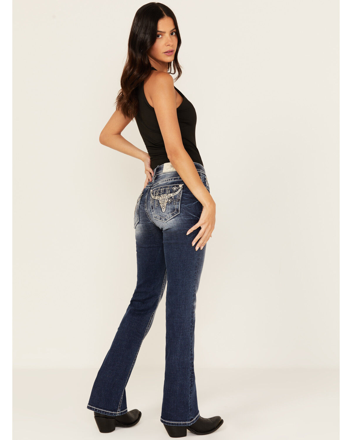 Image #1 - Miss Me Women's Dark Wash Mid Rise Steer Head Pocket Bootcut Stretch Denim Jeans, Dark Wash, hi-res