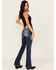 Image #1 - Miss Me Women's Dark Wash Mid Rise Steer Head Pocket Bootcut Stretch Denim Jeans, Dark Wash, hi-res