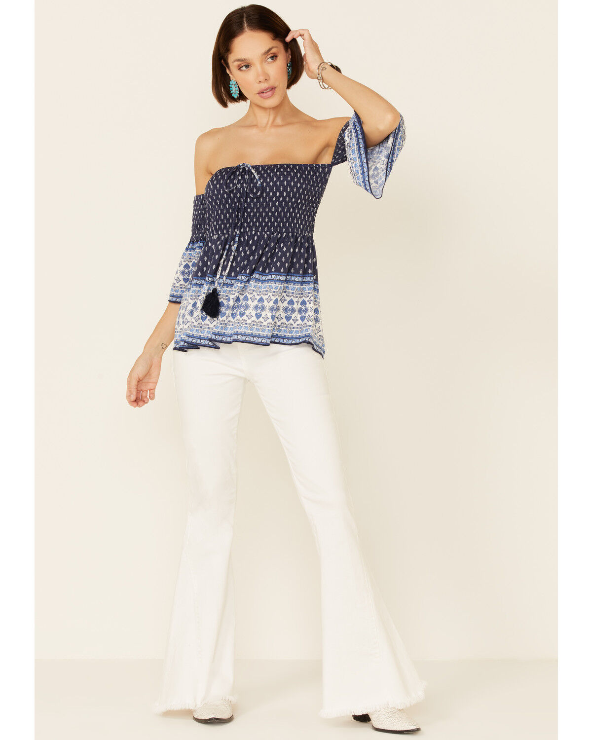 Image #2 - Temped Women's Border Print Smocked Off Shoulder Short Sleeve Top, Navy, hi-res