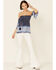 Image #2 - Temped Women's Border Print Smocked Off Shoulder Short Sleeve Top, Navy, hi-res