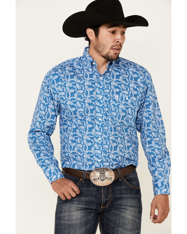 George Strait By Wrangler Men's Paisley Print Long Sleeve Western Shirt , Blue, hi-res
