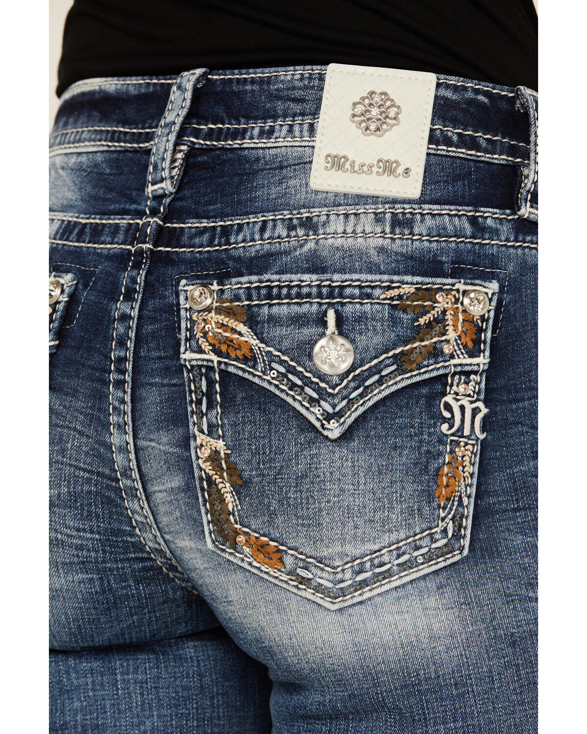 Image #2 - Miss Me Women's Medium Wash Faux Flap Leaf Pocket Mid Rise Bootcut Stretch Denim Jeans, , hi-res