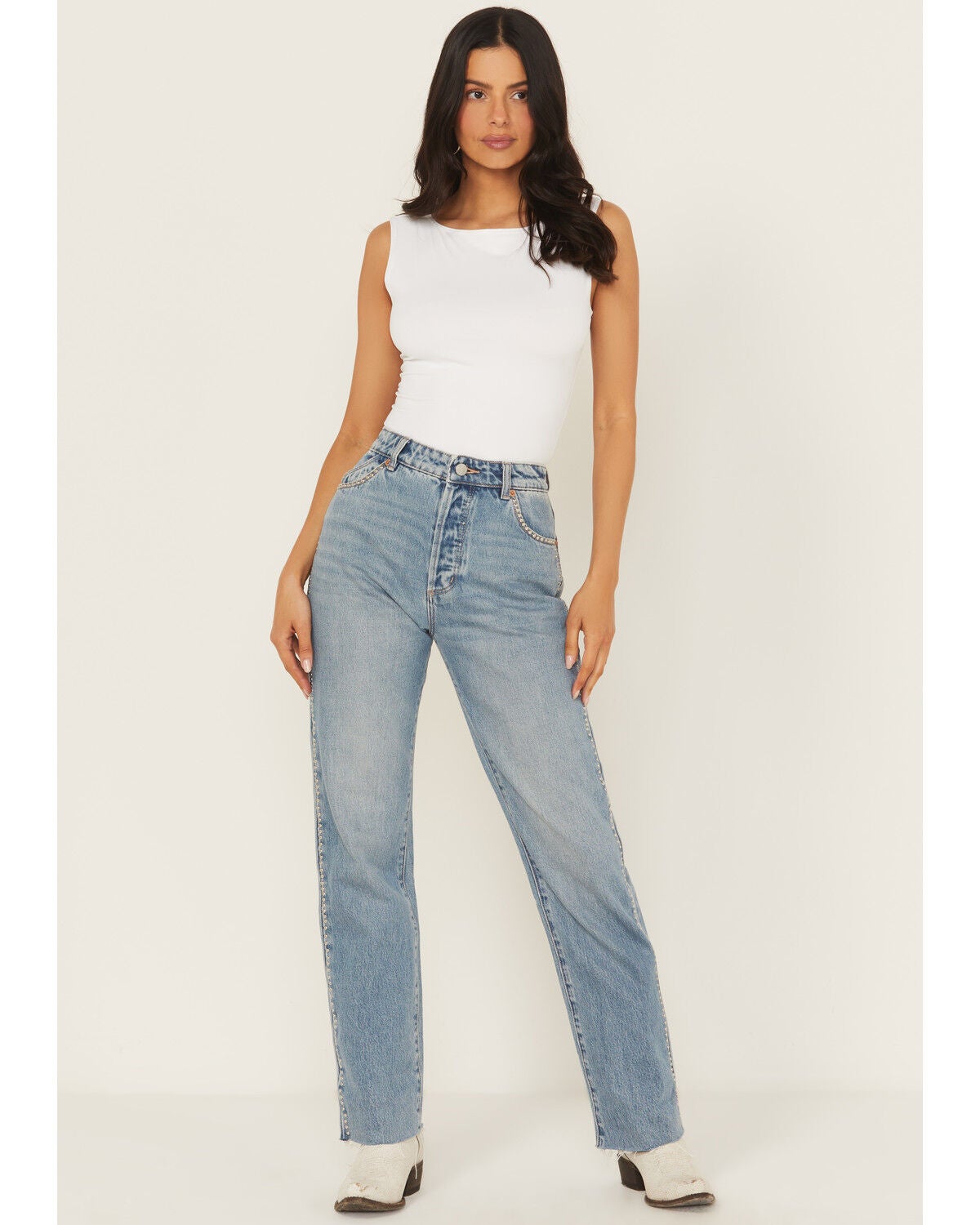 Rolla's X AC/DC Women's Medium Wash Mid Rise Studded 90s Relaxed Straight Denim Jeans, Medium Wash, hi-res