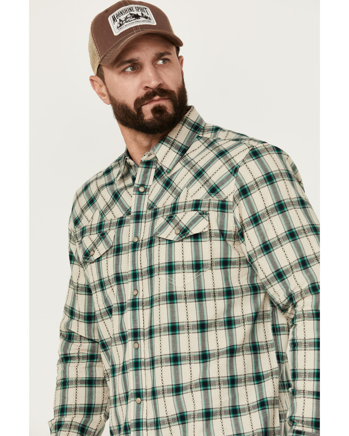 Image #2 - Moonshine Spirit Men's Last Call Dobby Plaid Print Long Sleeve Pearl Snap Western Shirt, Natural, hi-res