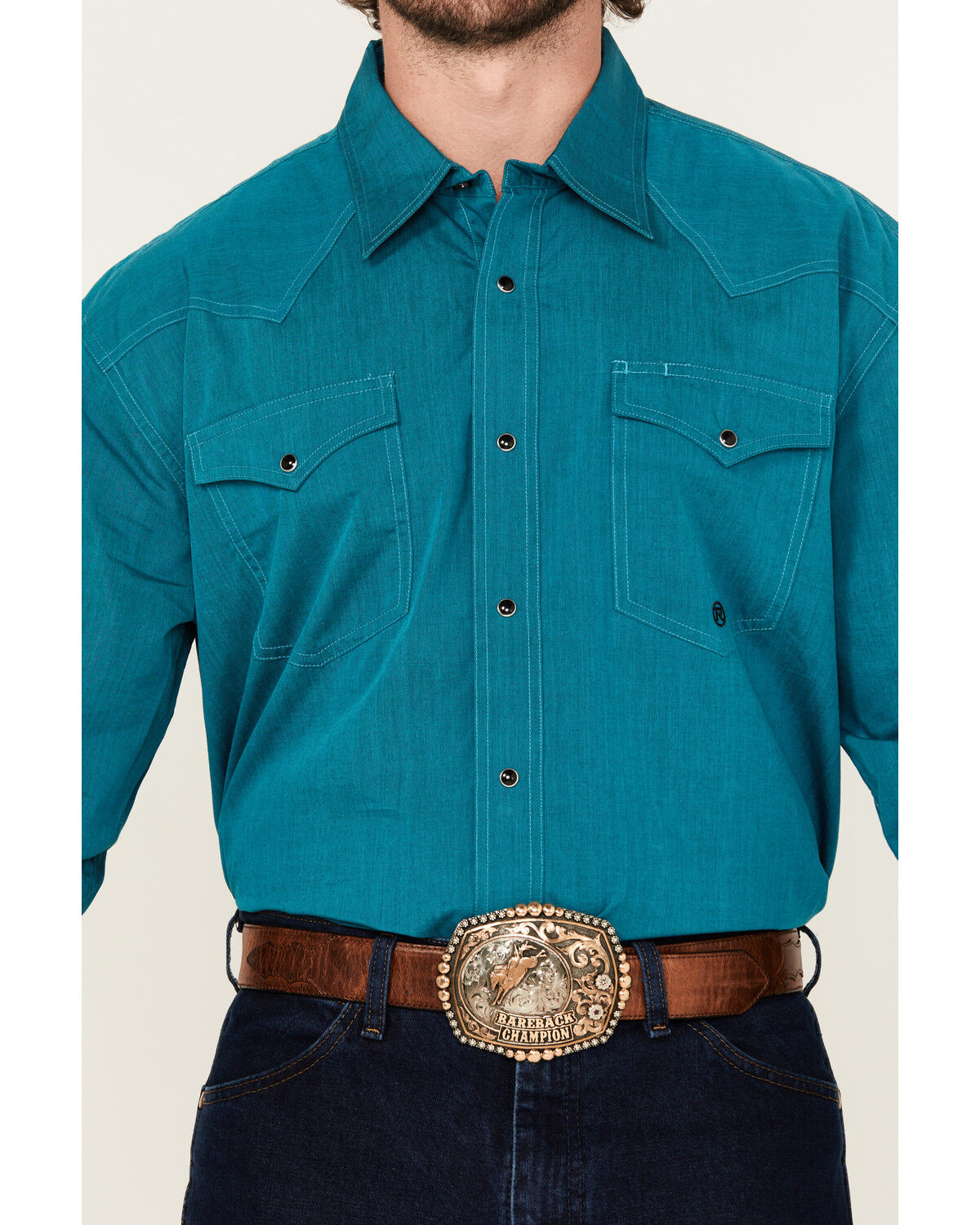 Image #3 - Roper Men's Amarillo Solid Long Sleeve Snap Western Shirt, Turquoise, hi-res