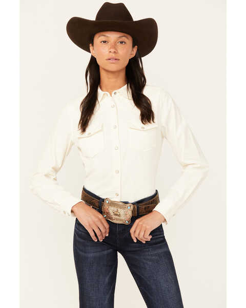 Shyanne Women's Maplewood Long Sleeve Pearl Snap Corduroy Shirt , Cream, hi-res