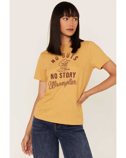 Image #2 - Wrangler Women's No Guts No Story Logo Graphic Tee, Mustard, hi-res