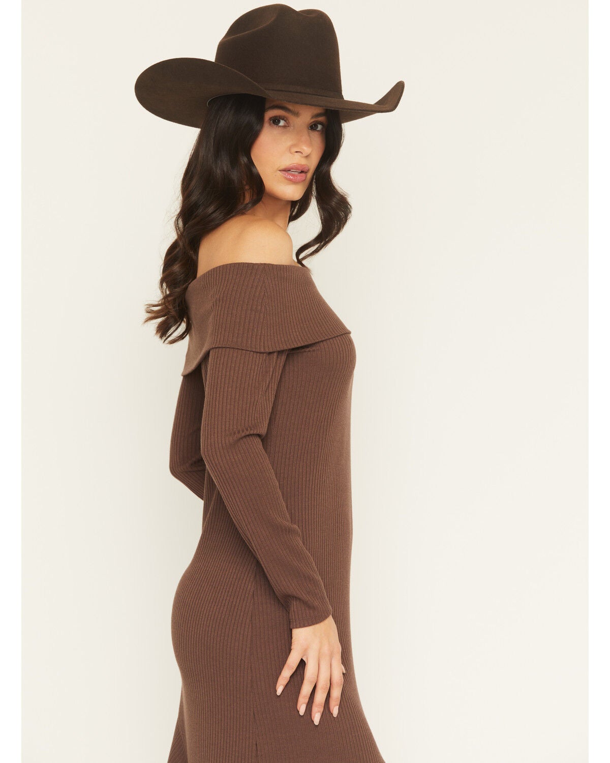 Image #2 - Shyanne Women's Rib Knit Off The Shoulder Long Sleeve Asymmetrical Dress, Brown, hi-res