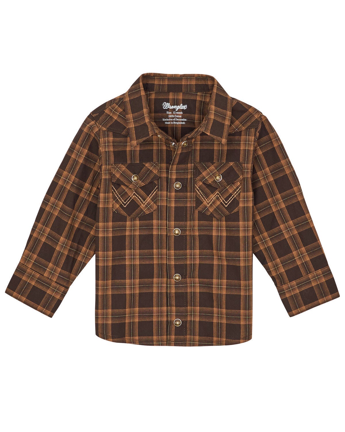 Wrangler Infant Boys' Plaid Print Long Sleeve Snap Western Shirt, Brown, hi-res