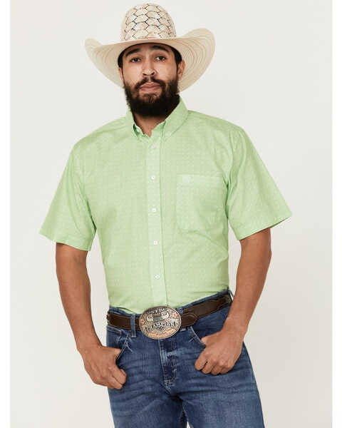 Panhandle Select Men's Geo Print Short Sleeve Button-Down Western Shirt, Light Green, hi-res