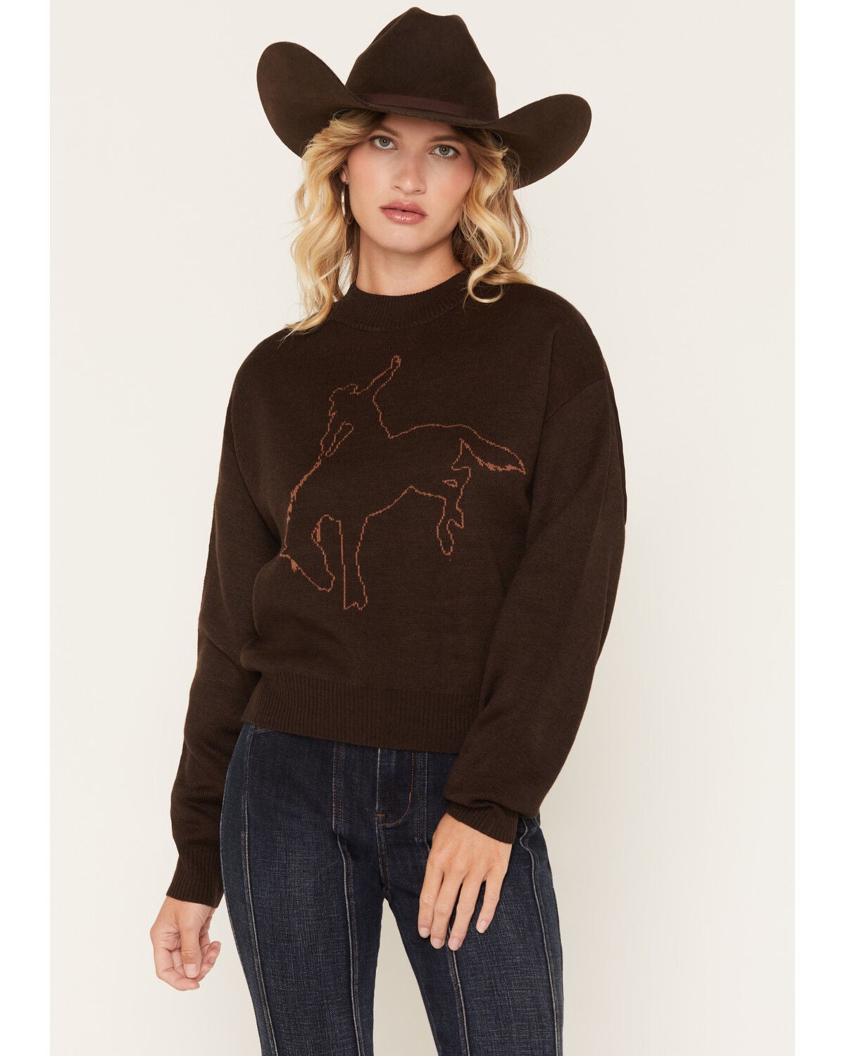 Wrangler Retro Women's Bucking Horse Sweater, Brown, hi-res