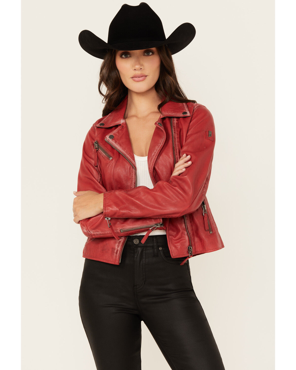 Image #2 - Mauritius Leather Women's Christy Scatter Star Leather Jacket, Red, hi-res
