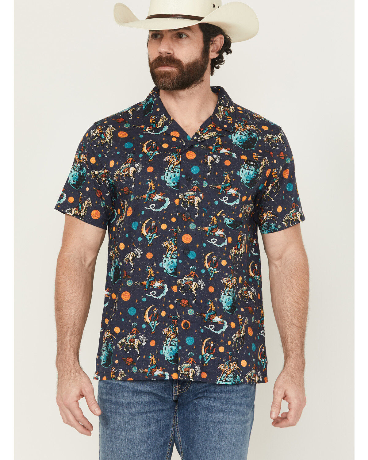 Image #1 - Cinch Men's Camp Space Cowboy Short Sleeve Button-Down Western Shirt, Navy, hi-res