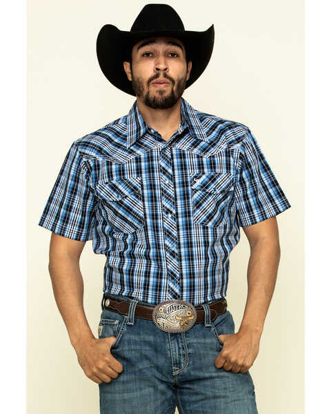 Cowboy Hardware Men's Heeler Plaid Short Sleeve Western Shirt , Blue, hi-res