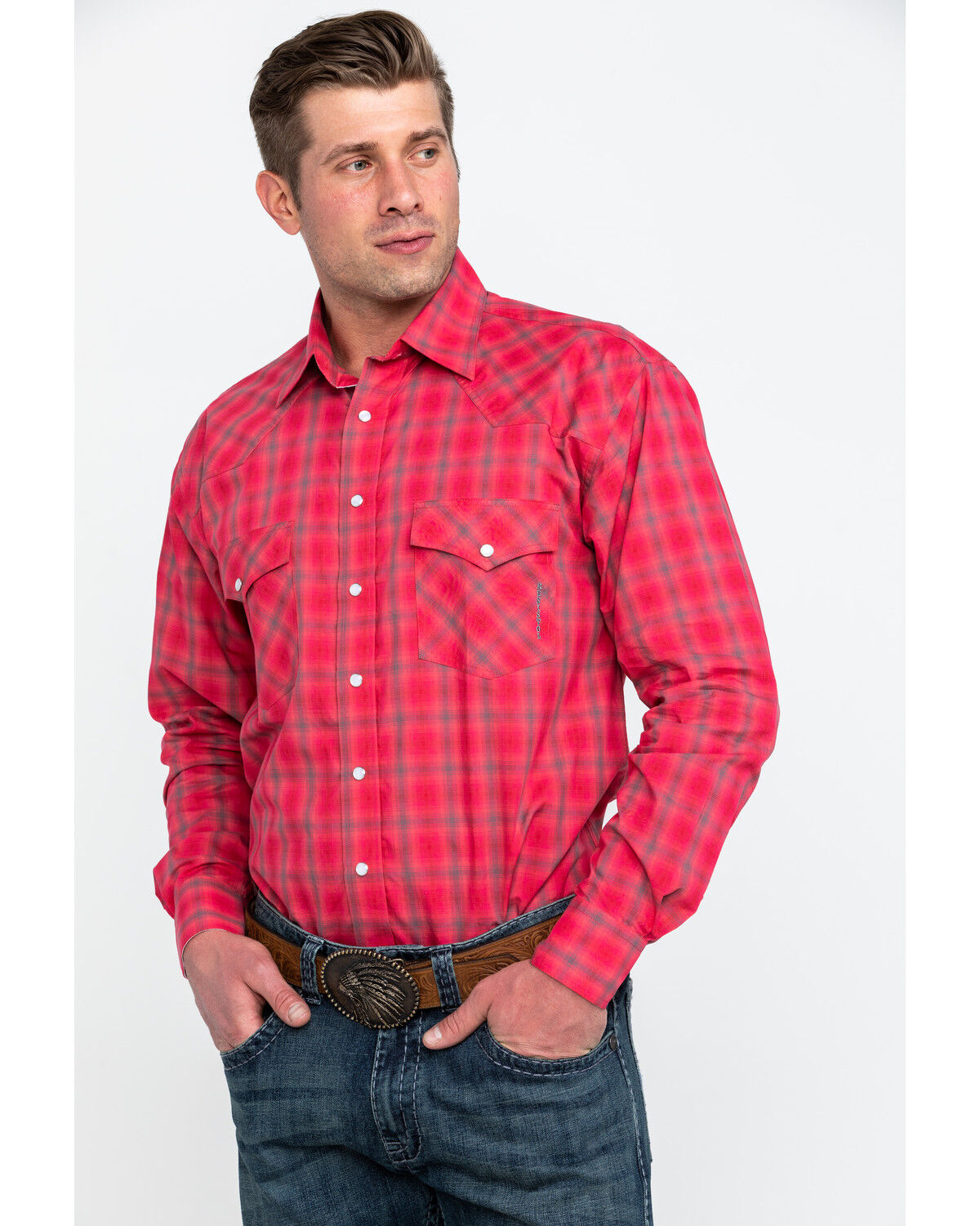 Image #1 - Resistol Men's Connemara Med Plaid Long Sleeve Western Shirt, Pink, hi-res