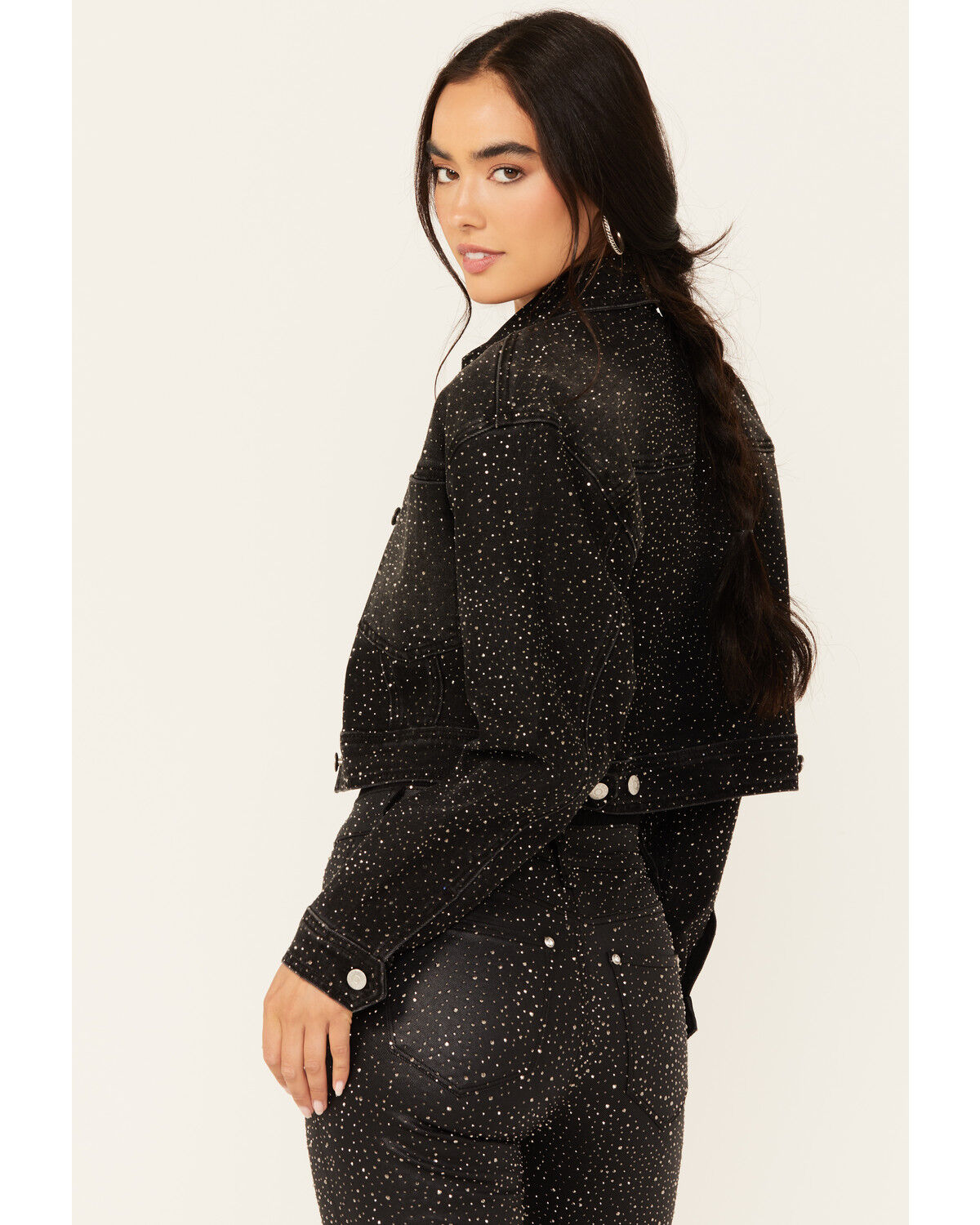 Image #4 - Vibrant Denim Women's Rhinestone Cropped Denim Trucker Jacket, Black, hi-res
