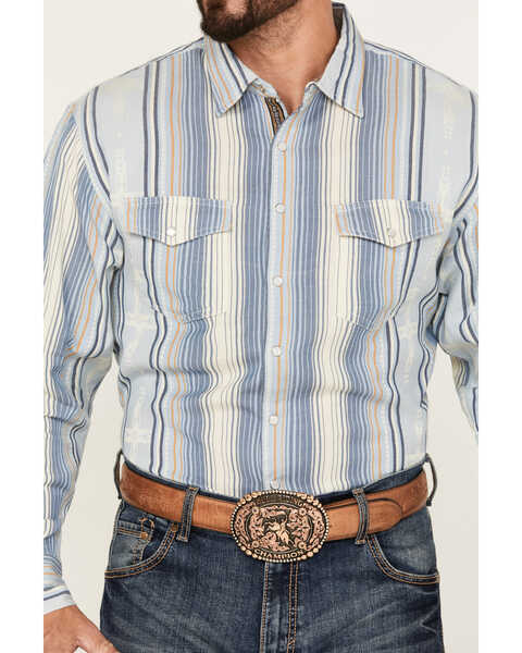 Image #3 - Scully Men's Southwestern Serape Striped Long Sleeve Pearl Snap Western Shirt, Light Blue, hi-res