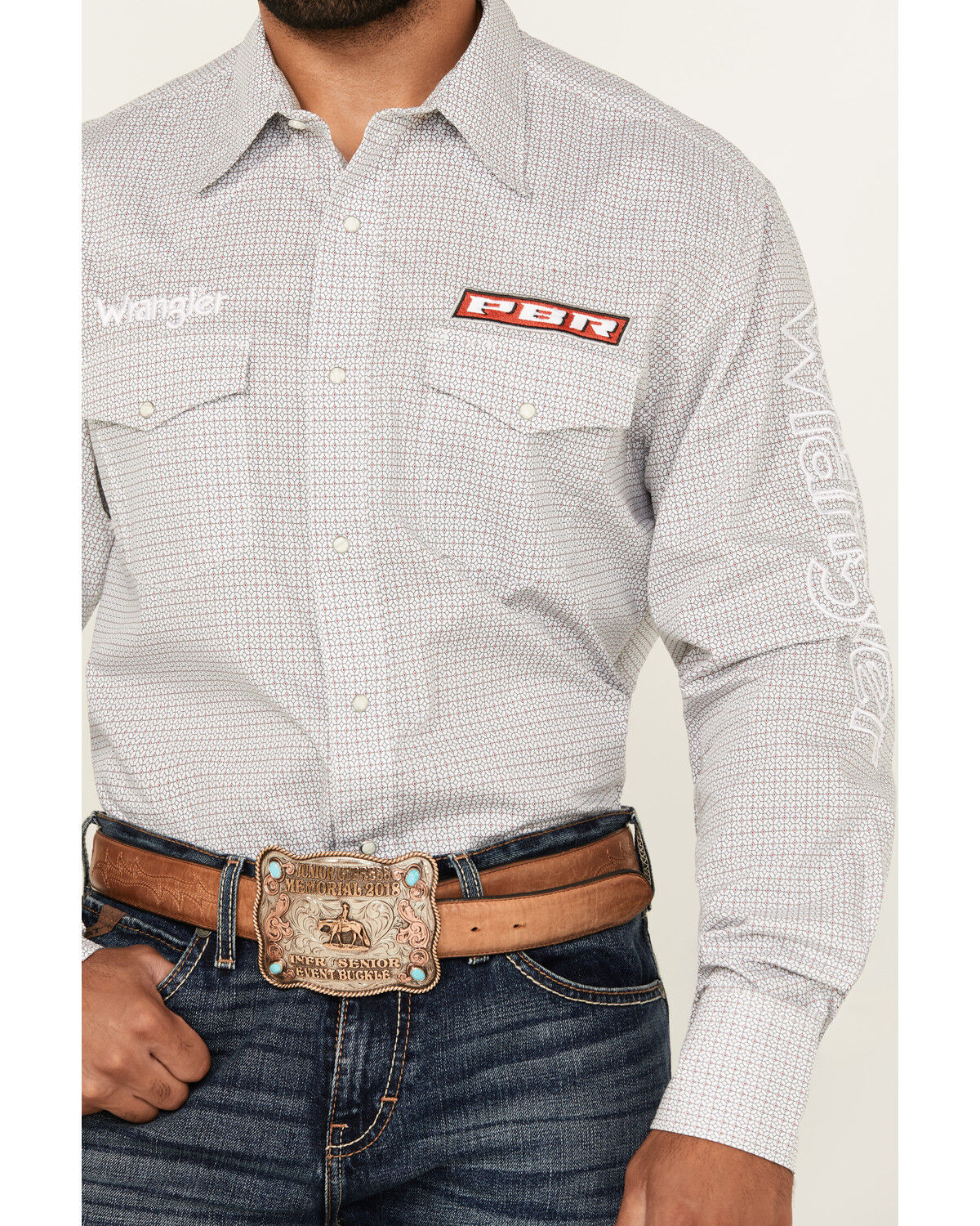 Image #3 - Wrangler Men's PBR Logo Printed Long Sleeve Snap Western Shirt, White, hi-res