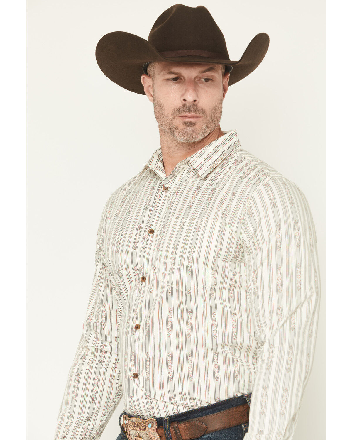 Image #2 - Gibson Trading Co Men's Tiki Boat Southwestern Striped Print Long Sleeve Button-Down Stretch Western Shirt, White, hi-res
