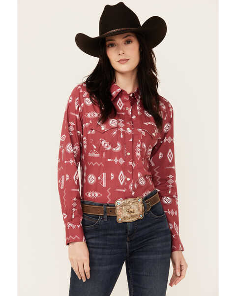 Wrangler Women's Southwestern Print Long Sleeve Pearl Snap Western Shirt , Red, hi-res