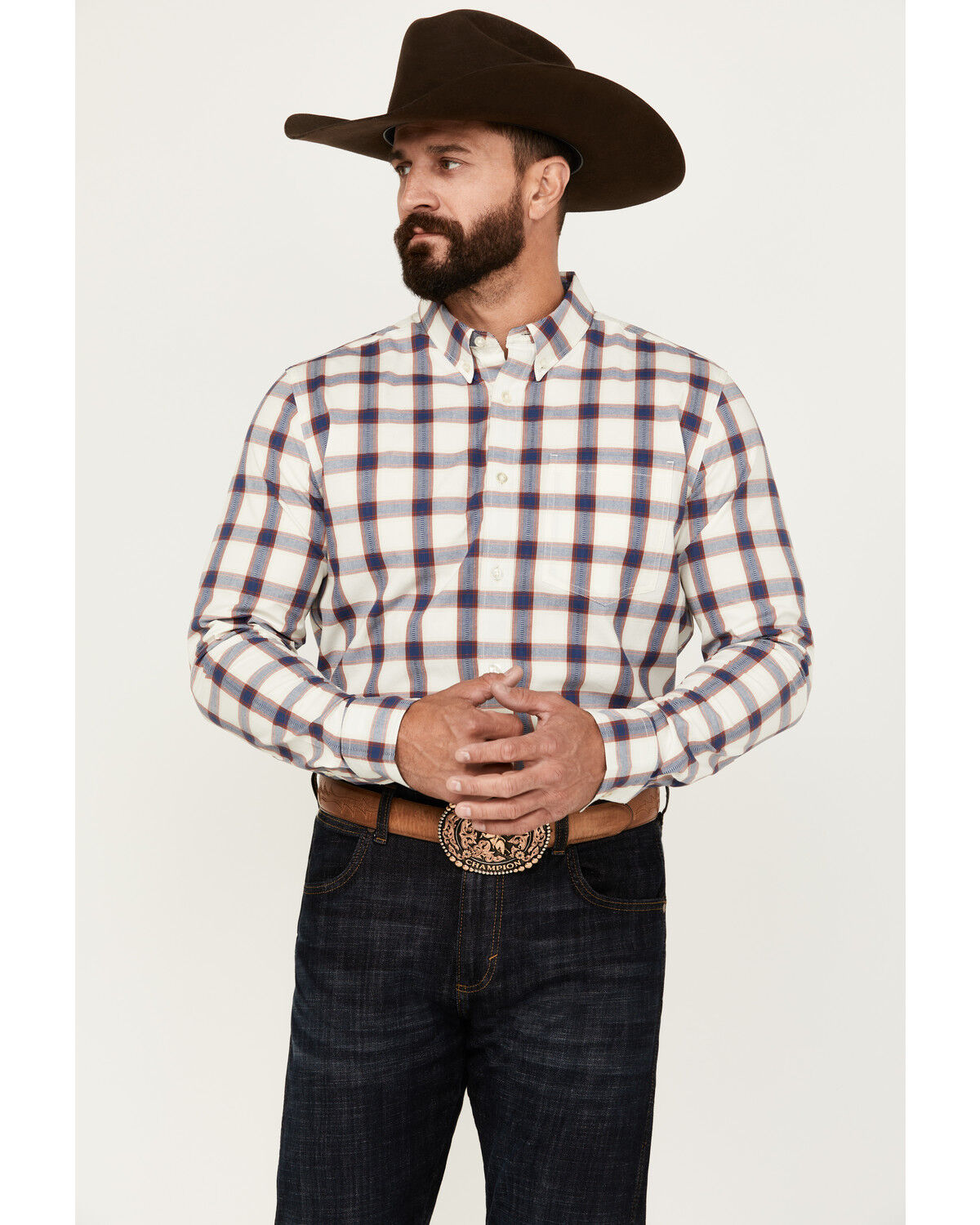 Image #1 - Cody James Men's Yeehaw Plaid Print Long Sleeve Button-Down Stretch Western Shirt, Ivory, hi-res