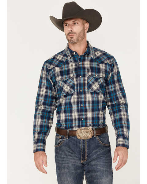 Ariat Men's Huntleigh Retro Plaid Print Long Sleeve Snap Western Flannel Shirt , Blue, hi-res