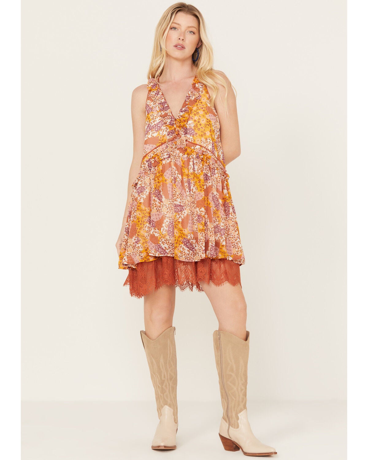 Miss Me Women's Floral Print Lace Sleeveless Mini Dress, Orange, hi-res
